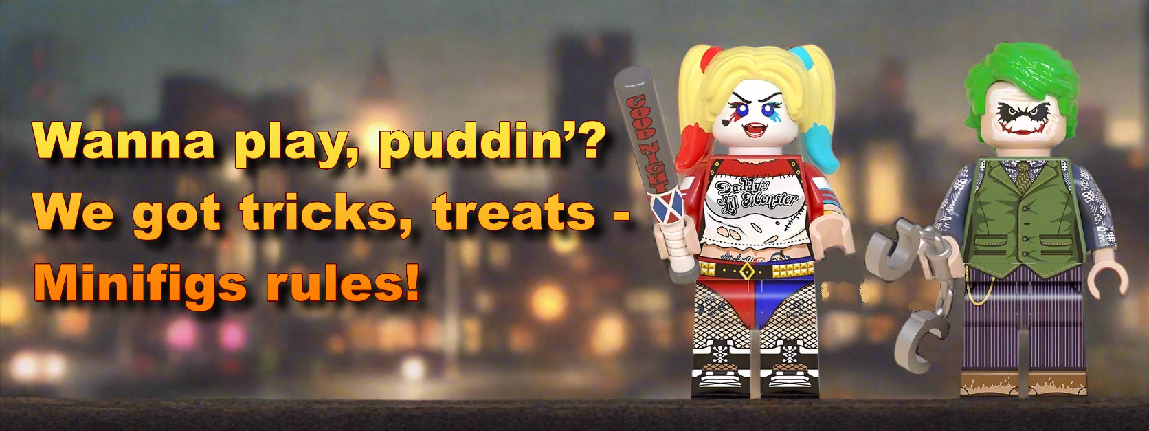 Two toy minifigures, one resembling Harley Quinn and the other resembling The Joker, with a Halloween-themed text overlay on a blurred cityscape background.